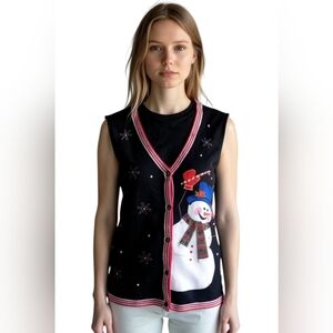 Ugly Knitted Appliqué Sequin Glitter Snowman Festive Christmas Vest SZ XL
